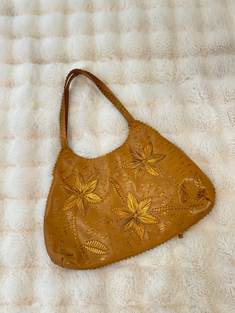 Stunning Tan Leather Flower Women's Shoulder Bag